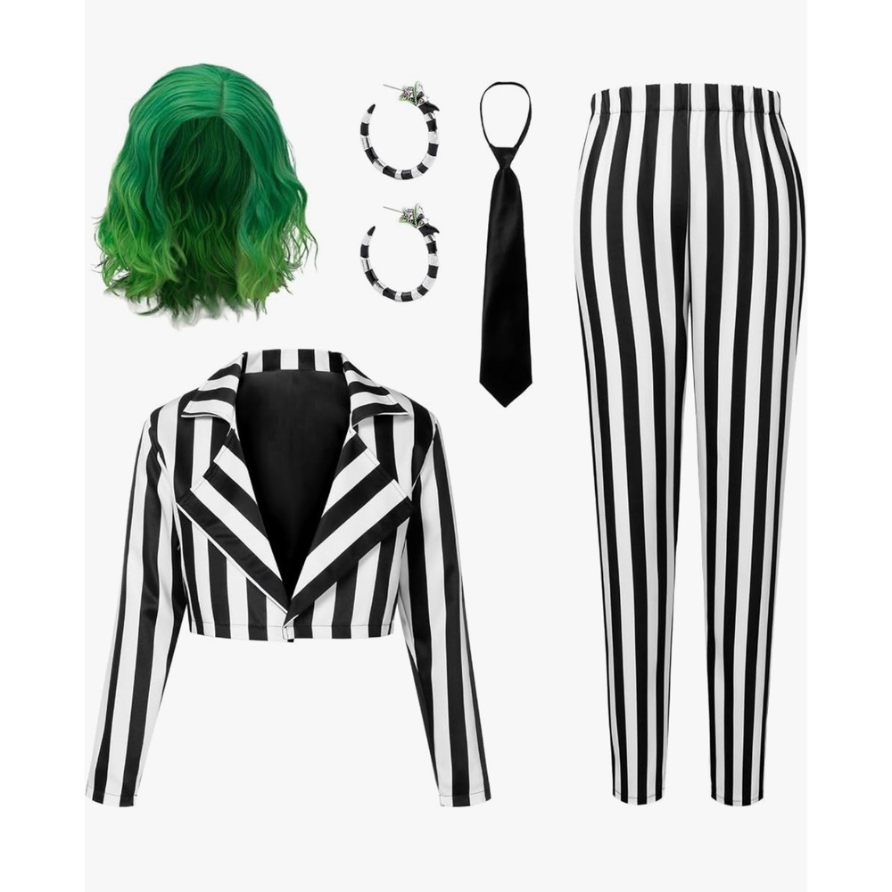 Beetlejuice Costume Women Medium Striped Blazer Pants Green Wig 5pc Set Cosplay
